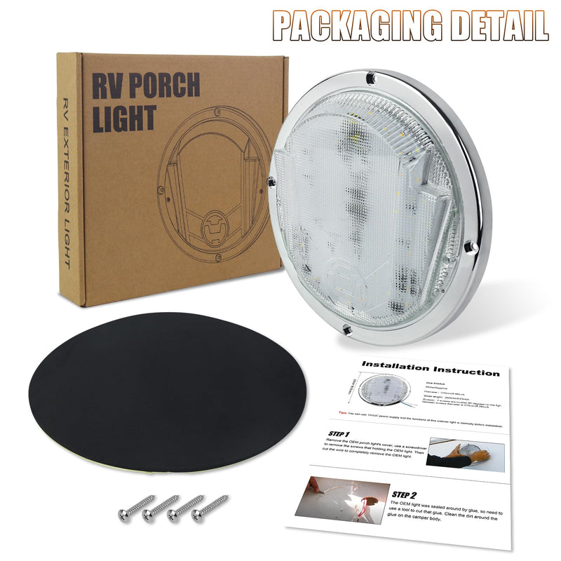 LED RV Exterior Light,8.5 Inch Round Scare Porch Light with 100pcs Dual Color Leds Flood Awning Light Replacement kit Surface Mount Fixture for RV Trailer Fifth Wheel Camper Bus