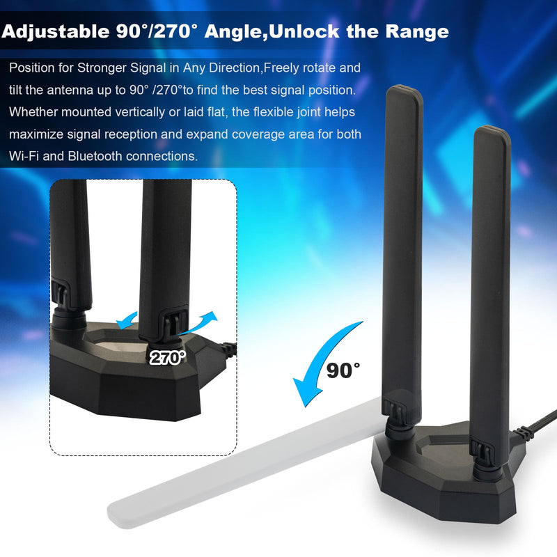 WiFi 6E Antenna Tri-Band 6GHz 5GHz 2.4GHz RP-SMA Gaming WiFi Antenna Magnetic Base with 6.5ft Extension Cable for PC Desktop Computer Motherboard WiFi Bluetooth Card Wireless Router