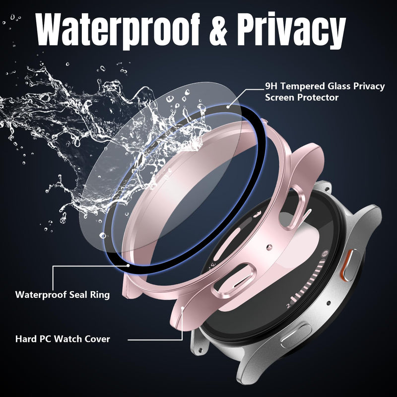 Easuny 2 Pack Waterproof Privacy Case with Tempered Glass Screen Protector for Samsung Galaxy Watch 7 40mm, Overall Protection Anti-Slip Scratch-Resistant Cover for Galaxy Watch7 Rosepink