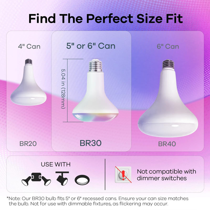 OREiN Matter BR30 Smart Light Bulbs Compatible with Alexa, Apple Home, Google Home, SmartThings, 60W Smart Bulbs 2.4Ghz WiFi only, 650 Lumens RGBTW Color Changing Led Light Bulbs, 4 Pack 4 Pack-B