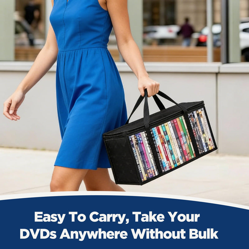 DVD Storage Bags, Clear PVC Media Organizer with Handles, Front Zipper Window, Stackable Holder for Blu Ray Discs, Movie Cases and VHS Boxes, 2 Pack, Holds 70 DVD Cases Total, 35 per Bag (SB-A-01) SB-A-01 Black