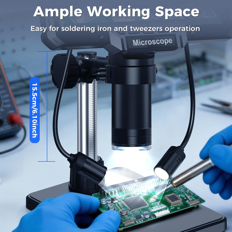 7" LCD Digital Soldering Microscope with Remote and Side Lights | For soldering and PCB inspection. 7" screen, remote and 2 side lights help reduce shake and shadows.