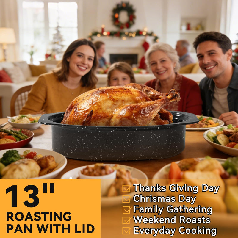 13” Roasting Pan, Turkey Roasting Pan, Small Oval Roaster Pan With Lid For 7 Lb Turkey, Chicken, Lamb, Beef, Vegetables, Casserole, Bread 13"