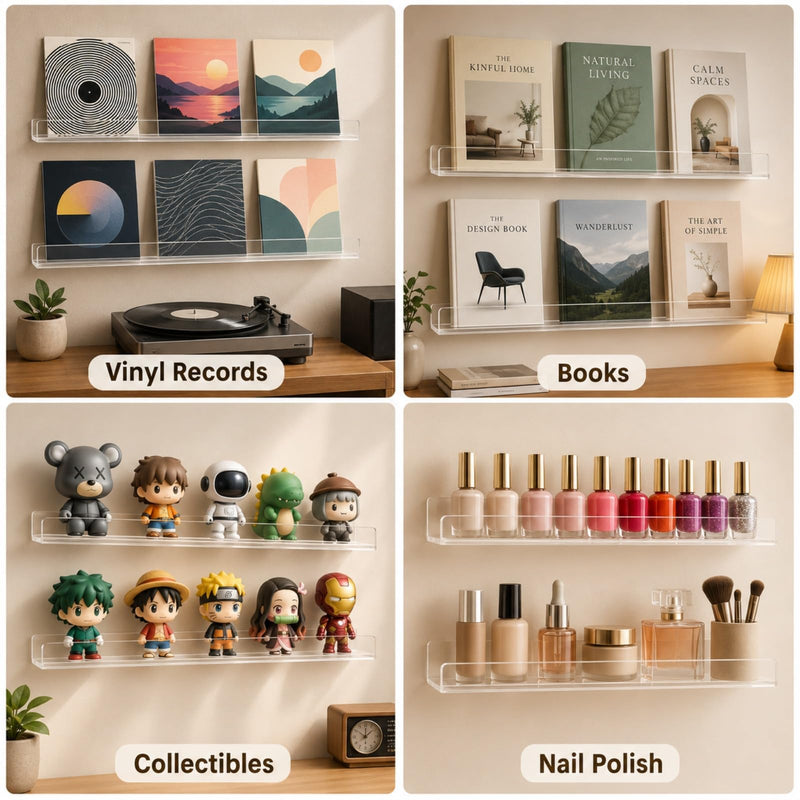 4-Pack Hanging Records, 12-Inch Record Holder Display, Clear Acrylic Floating Shelf, Suitable for Bedroom, Living Room, Magazine Rack
