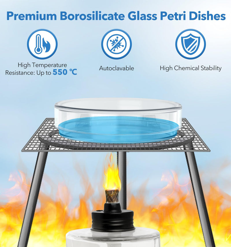 FOUR E'S SCIENTIFIC 60mm Glass Petri Dishes with Lids, High Borosilicate Glass Culture Dishes for School, Laboratory, Science Project, Pack of 20 60 MM