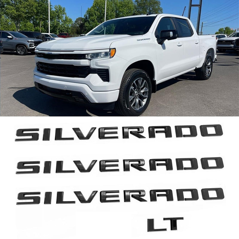 2019-2025 4pack OEM Nameplate with LT Emblem 3D Letters Badge Replacement for Silverado 1500 2500HD 3500HD 86539786 (Glossy Black) 3 with LT Black