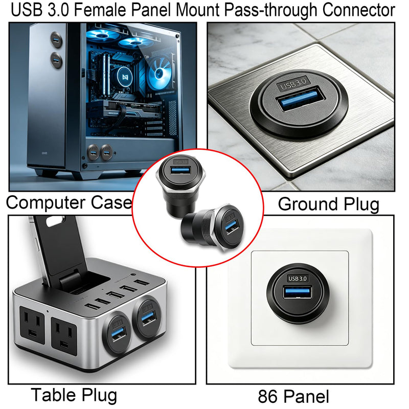 USB 3.0 Threaded Fixed Mount Adapter, USB Type A Female to Female Embedded Panel Mount Adapter, Socket to Socket Pass-Through Coupler 5Gbps Data 5V/1A Charger