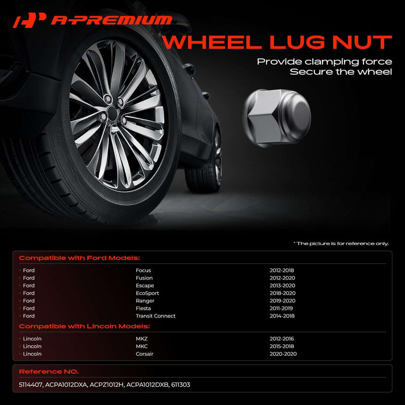 A-Premium M12-1.50 Wheel Lug Nuts Compatible with Ford & Lincoln | for Ford Escape Fusion Focus Ranger EcoSport Transit Connect Lincoln MKZ MKC Front or Rear Side 10-PC Set 10PCS