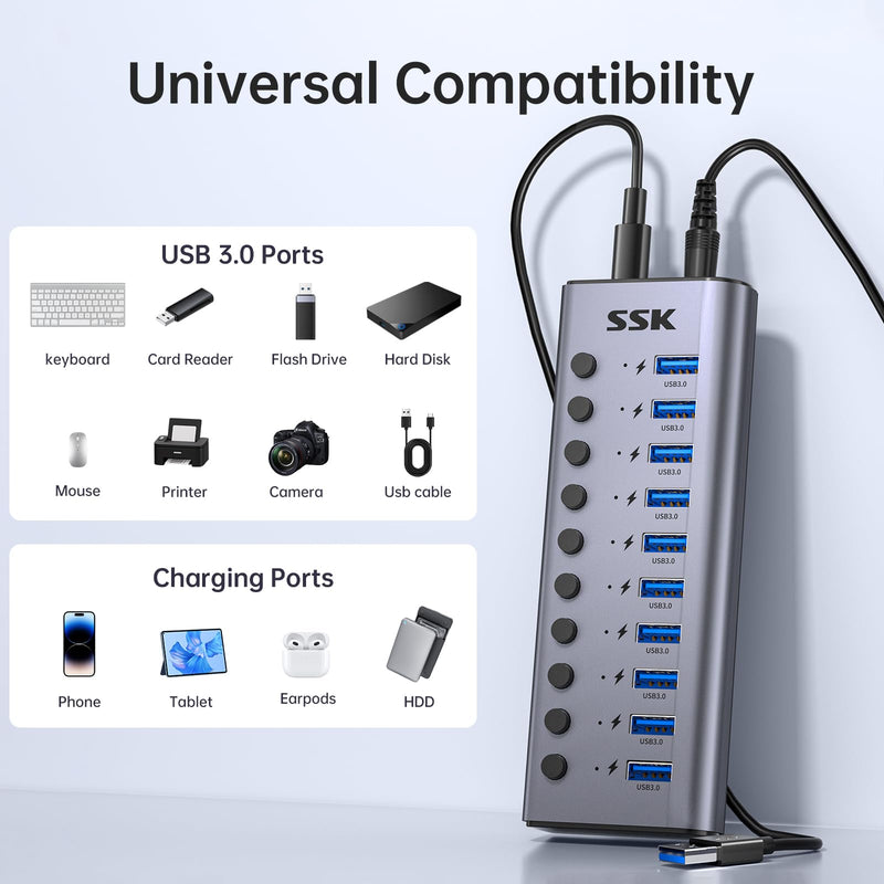 SSK 10 Port Powered USB 3.0 Hub, 60W Aluminium USB Charging Hub with DC 12V5A Power Adapter, Supports Simultaneous Fast Charge and 5Gbps Data Transmission,USB Extender Hub with 3.96ft/1.2m Long Cable