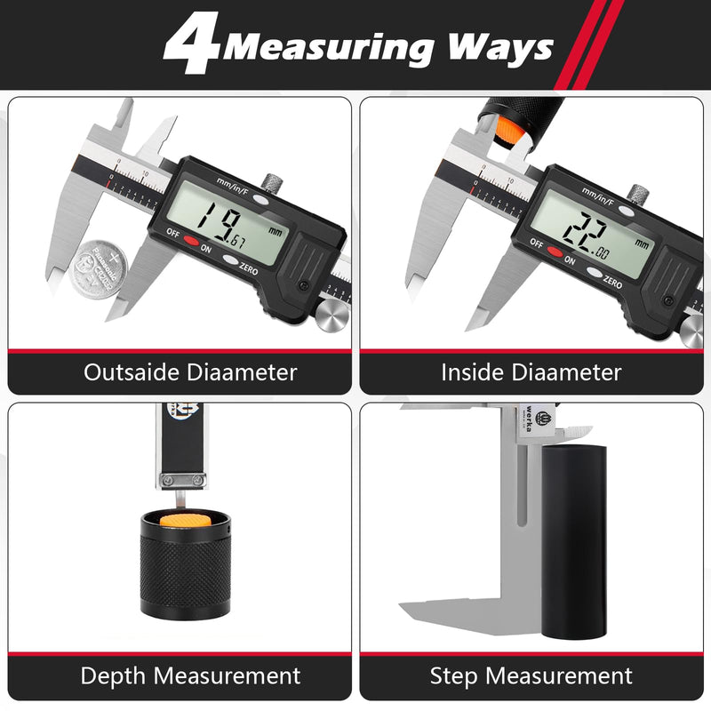 Digital Caliper, 0-6” Calipers Measuring Tool, Auto-Off Micrometer Caliper with 0.001”High-Accuracy,Inch/Fraction/Millimeter Conversions Button,4 Measuring Ways, Stainless Steel Construction WK6000150