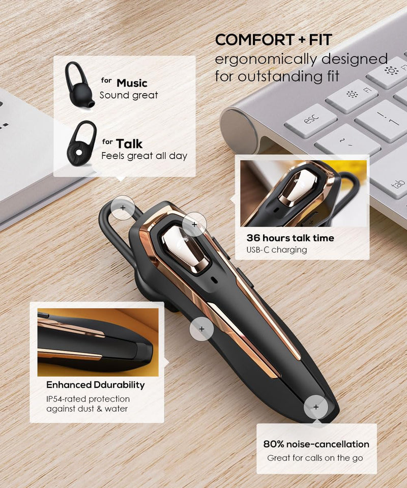 Single Ear Bluetooth Headset V5.4 36Hrs Talk Time, Bluetooth Earpiece | Noise Canceling Microphone, Hands-Free Wireless Headset for Driving/Office/Business, Crystal Clear Calls, Lightweight (Gold) Gold