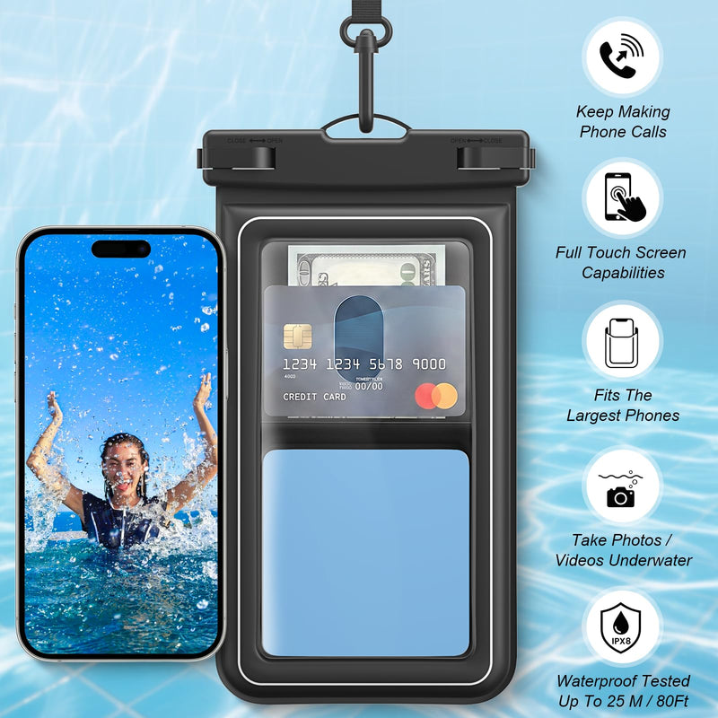 2Pack 8.5" IP68 Floating Waterproof Phone Pouch with Card Holder | Lanyard, Phone Dry Bag for iPhone 17 16 15 14 13 Pro Max, Galaxy S26 S25 S24 Ultra, Beach Cruise Travel Essentials Black
