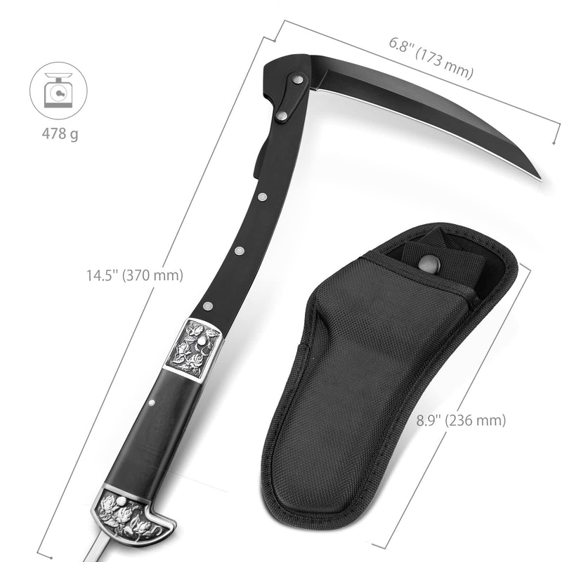VALHALLA Folding Sickle, Black Sharp Folding Scythe with 2 Sections, Hand Sickle Knife Wooden Handle, Portable Safety Sickle Knife with Sheath