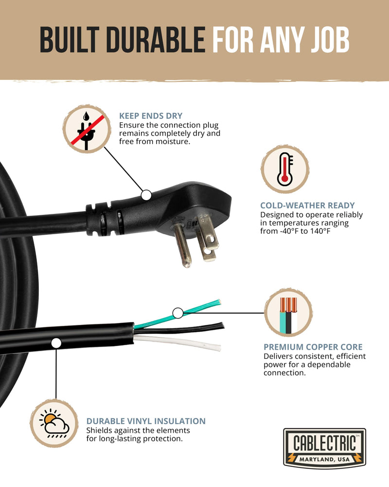 Flat Plug 12 Gauge Power Cord Replacement 8 ft,15 Amp Black Heavy Duty, 12/3 SJT 3 Prong Cable with Open End - Replacement Power Cord for Appliances & Power Tools 8 Foot