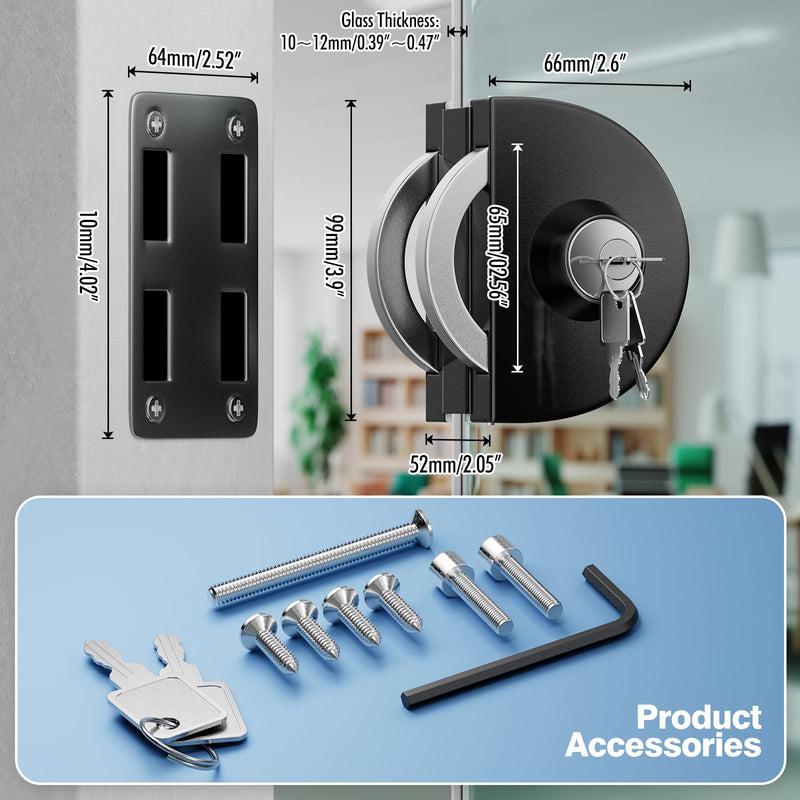 Ranbo Frameless Double-Sided Sliding/Pull Push Glass Door Lock, No-Drill, 304 Stainless Steel, for 3/8"-1/2''(10mm-12mm) Glass, Office, Commercial, Store, Entrance Doors, 3 Keys, Brushed Black LE-160 Brushed Black