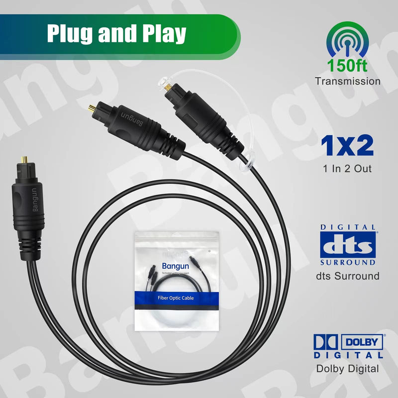 1x2 Digital Audio Splitter Cable, Toslink Digital Fiber Optic Audio Splitter 1 Male Input 2 Male Output (for Home Theatre, Xbox, PS5/PS4), 6ft optical splitter cable