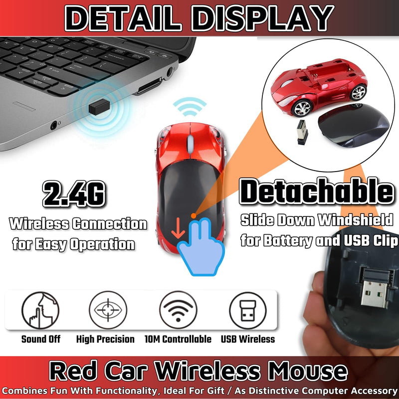 Cute Mouse Wireless Red，Car Mouse 1600DPI 2.4G with USB Reciver for Computer Wireless Computer Mouse Wireless USB Wireless Mouse for Windows for Mac OS for Laptop Computer Tablet（Red）