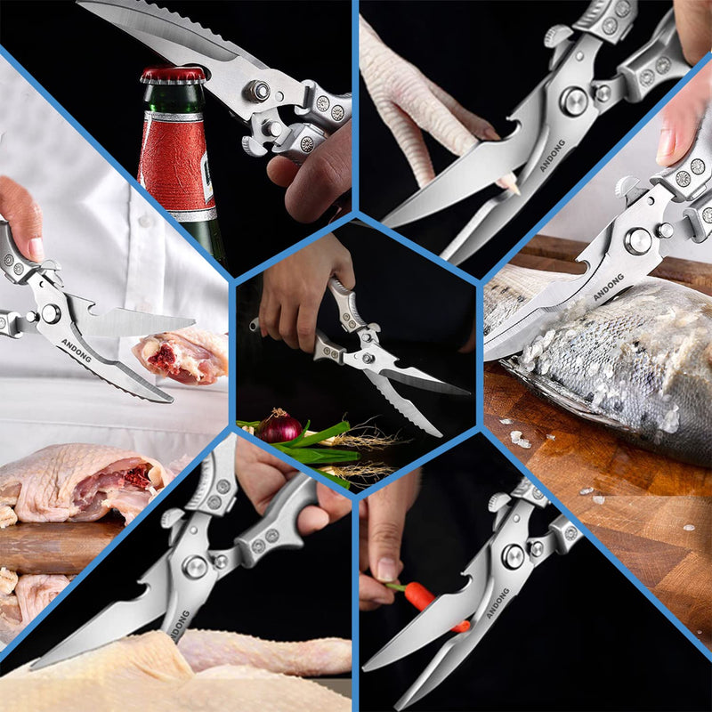 ANDONG Heavy Duty Professional Poultry Shears -Stainless Steel Kitchen & Meat Scissors with Leather Sheath, Dishwasher Safe Spring Loaded Utility Shears for Cooking, Butchering, Cutting Plus Silver