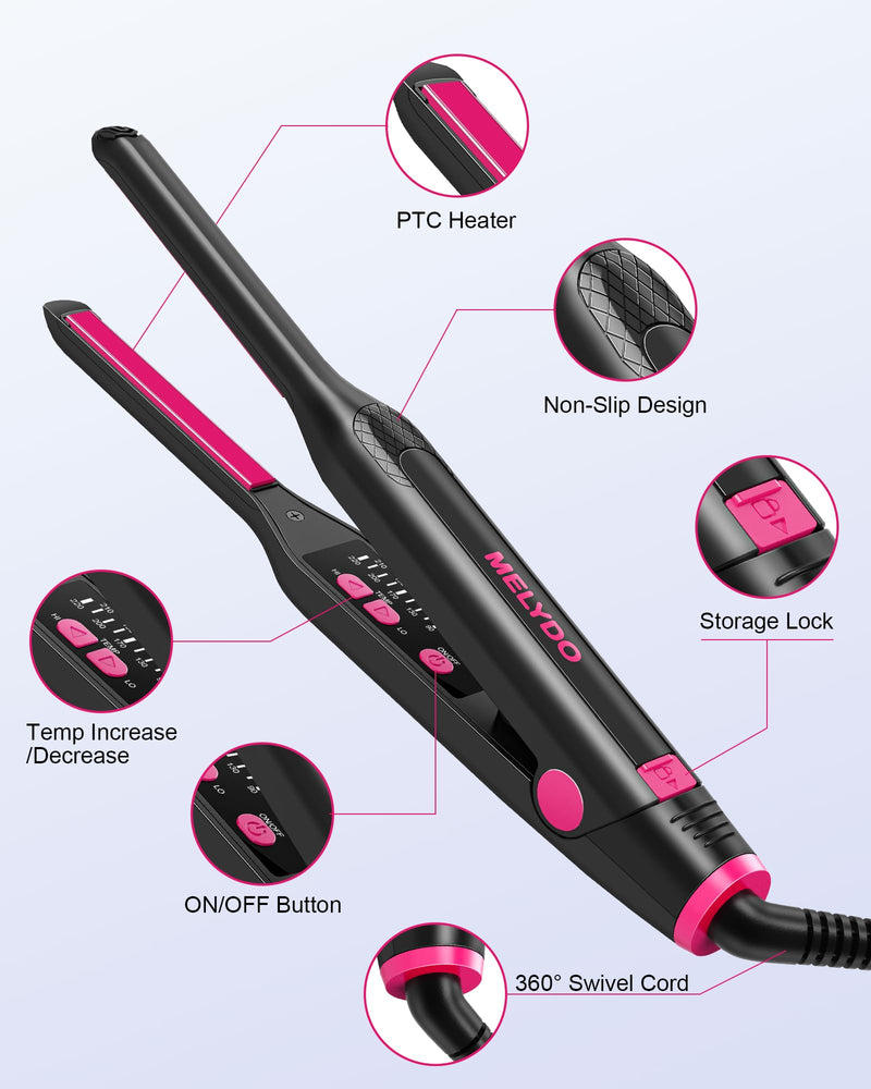 Pencil Straighteners Mini Hair Straighteners and Curl 2 in 1, Thin Hair Straighteners for Woman Pixies, Bangs, Ceramic Coating with Adjustable Temperature, 9 Settings 90-220°C, Fast Heat up Pink
