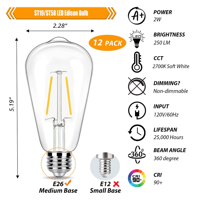 12 Pack 2W LED Edison Bulbs, 25 Watt Light Bulbs Equiv, 2700K Soft Warm with E26 Standard Base, LED ST19 Low Watt Light Bulbs, 250LM, Not-Dimmable, 120V 2700k Soft White 12 Count (Pack of 1)