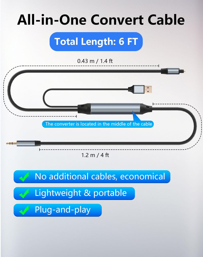 CERRXIAN Toslink Optical SPDIF to 3.5mm AUX Audio Adapter Cable 6 Ft, 24bit / 192KHz SPDIF Digital Fiber Optic to Analog Converter with USB - 6FT Power NOT AUX to Optical