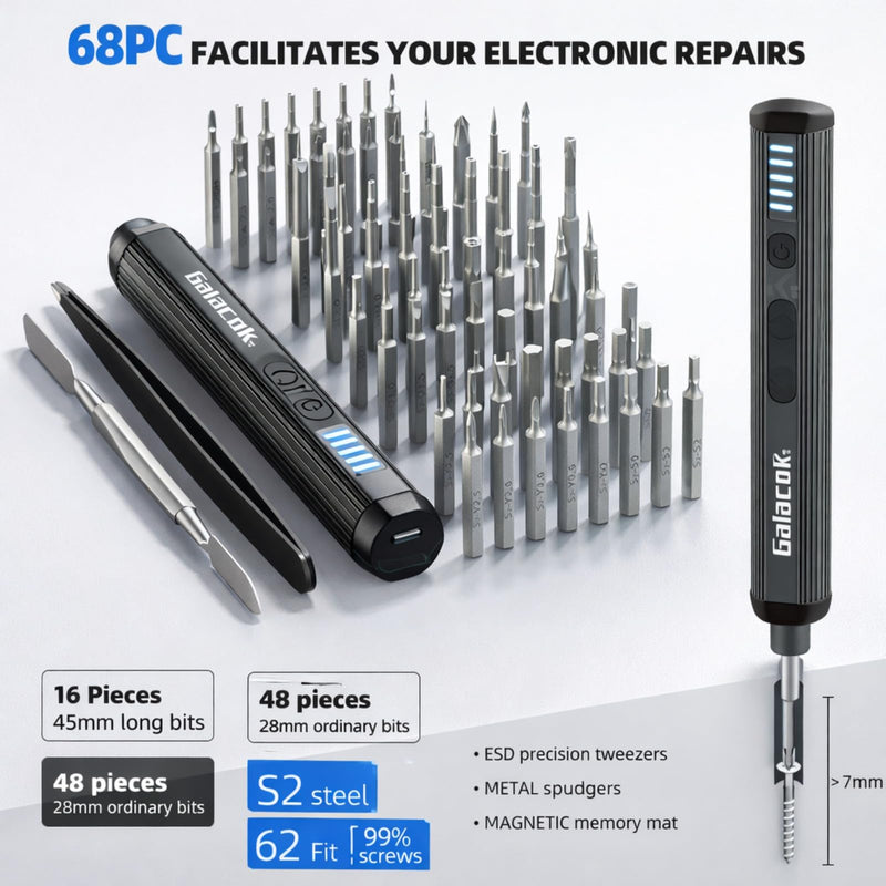 Electric Precision Screwdriver Set, 68 in 1 Cordless Mini Repair Tool Kit with Magnetic S2 Steel Bits, 200 RPM Motor, LED Light, USB-C Rechargeable for Phone, Laptop, Electronics (68IN1) 68IN1