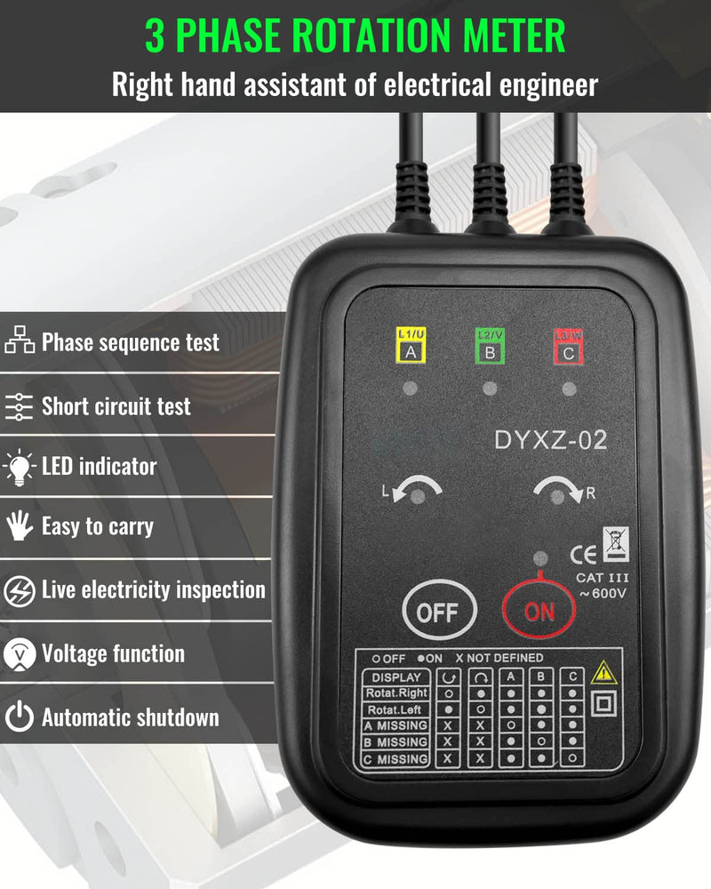 3 Phase Rotation Tester Non Contact Rotation Meter AC 70~600V High Magnetic Induction Phase Sequence Detector with 22 Inch Clamp Lead, LED, Carrying Bag Auto Power Off Phase Meter DYXZ-02