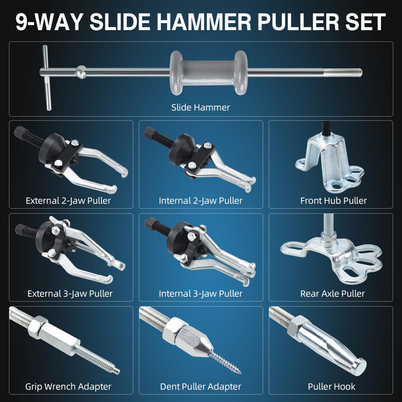 8MILELAKE 9 Way Slide Hammer Puller Axle Front Rear Wheel Bearing Dent Hub Gear Puller Remover Set