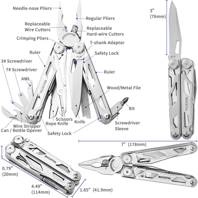 ROCKTOL SK05 Multitool, VG10 Knife Blade, 29-in-1 Multi tool Pliers, Replaceable Wire Cutters, Interchangeable File and Saw with T-shank, Heavy-duty Multi-tool in-car for Camping, Survival, Reapair VG-10 Knife Blade