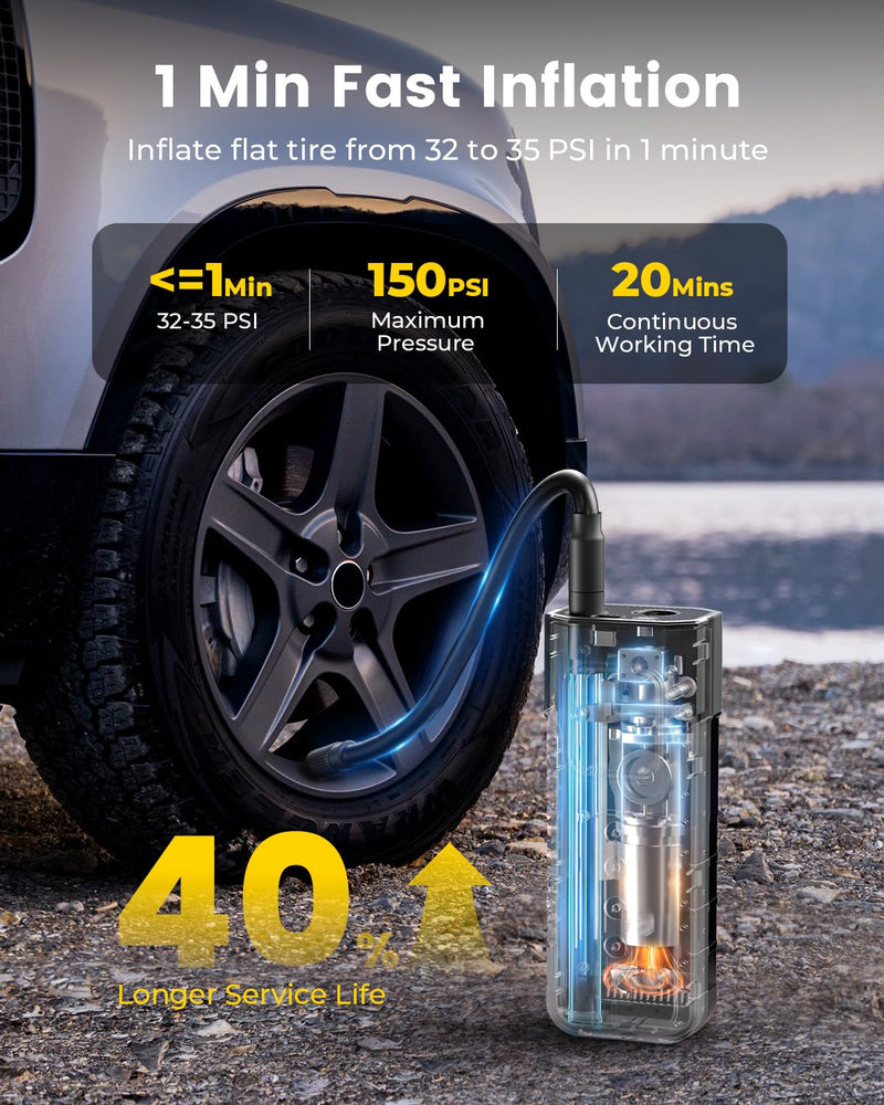 Tire Inflator Portable Air Compressor, 1 Min Fast Inflation Cordless Bike Pump with Digital Pressure Gauge LED Light, 150 PSI Electric Air Pump for Car Tires, Bicycle, Motorcycle, Ball