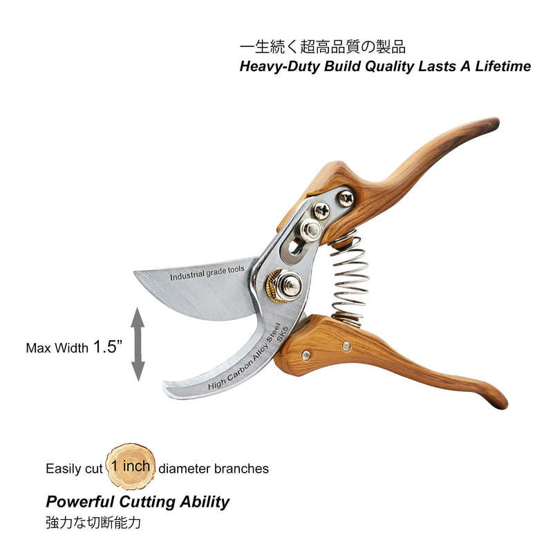TONMA Bypass Pruning Shears [Made in Japan] 8 inches Professional Garden Shears, Japanese Secateurs Hand Pruner Hedge Clippers, Aluminum Alloy Handle Bypass Pruning Shears (Wood Grain)