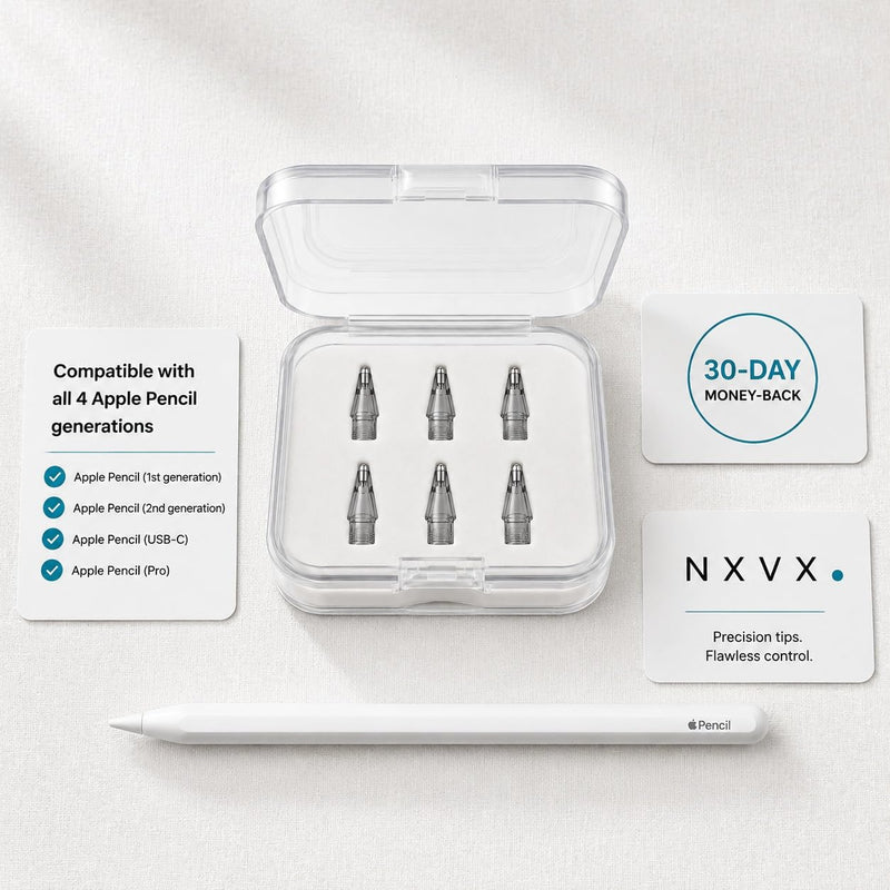 NXVX Replacement Tips for Apple Pencil, Bullet Tip, 6-Pack, Grey | Smooth-glide pointed nib for glass and screen protectors, durable metal, fits all generations, see-through storage case M11 6-Pack Bullet Tip Engineered Grey