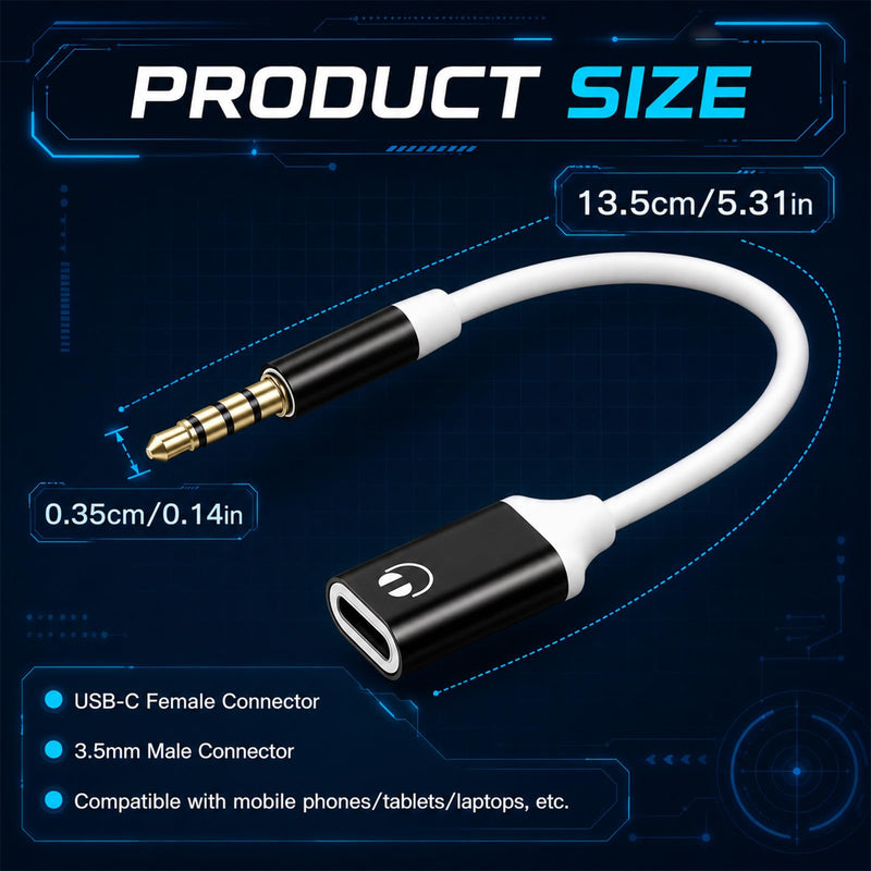 Headphone Jack Adapter, 3.5mm Male to USB-C Female Audio Adapter, Type-C to Aux Dongle for MP3 Players, CD Players, Laptops, Tablets, Smartphones, and Accessories (Black/White)