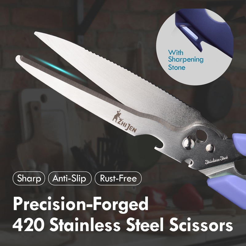 All Purpose Kitchen Scissors for Food and Heavy-Duty, Stainless Steel Cooking Shears for Chicken, Poultry, Meat, Herbs, Fish, Bones, Multi-Purpose Cooking Accessories with Cap and Sharpener Blue-purple