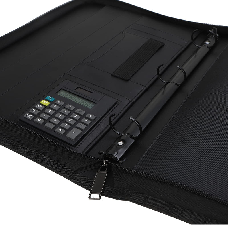 Business Portfolio with Zipper 3 Ring Binder Organizer - PU Leather Folder Padfolio Document Organizer with Solar Calculator,Writing Pad Zippered Portfolio With 3 Ring Binder+calculator