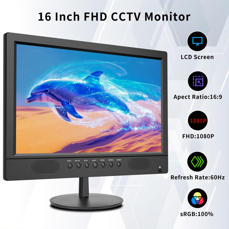 16inch Security Monitor,Wall-Mounted Monitors Supports USB/Full Format Video Playback,CCTV Monitors with AV/HDMI Input/VGA/BNC,Built-in Speaker,Remote Control