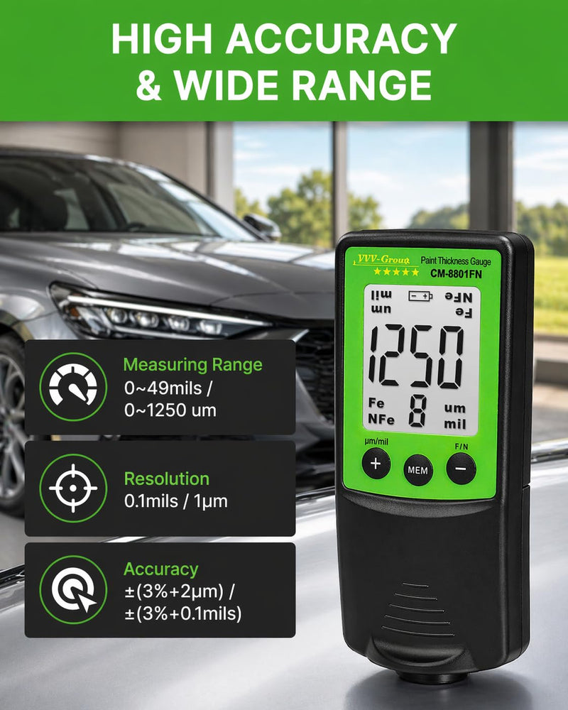 Paint Thickness Gauge CM-8801FN for Cars – Digital Coating Thickness Meter, Auto Fe/NFe Detection, 1 μm Resolution, 0–1250 μm (0–49 mils), ±(3%+2 μm) Accuracy, Automotive Inspection Tool