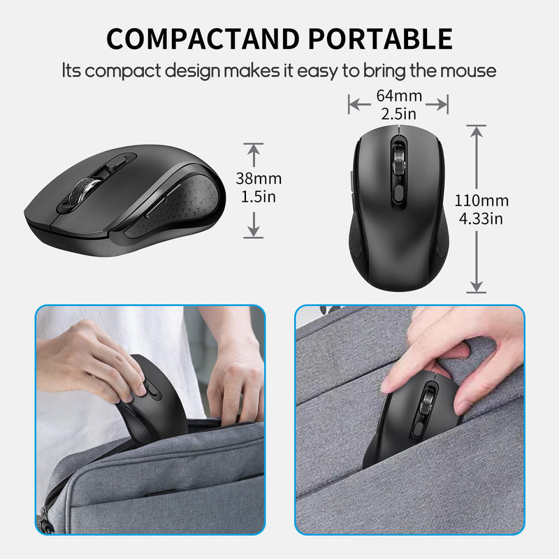 Ergonomic Wireless Optical Mouse Compatible with PC Laptop Mac Chromebook, 6 Button Silent Click Mouse with Side Button, USB Portable Mouse Adjustable DPI - Black