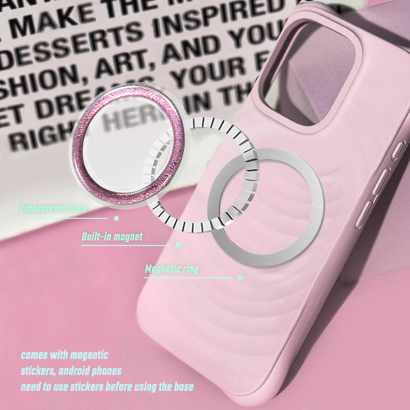 Magnetic Phone Grip, Magnetic Collapsible Expandible Mobile Phone Grips Stand Holder for iPhone 17 16 15 14 13 12 Series, Sparkly Transparent Pink