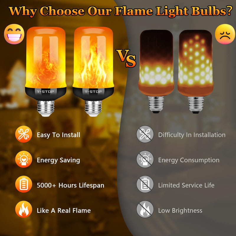 Y- STOP Upgraded Flame Light Bulbs, 4 Modes Flickering Light Bulb with Upside Down Effect, E26 Base Flame Bulb for Halloween Lights, Christmas Decorations Outdoor Indoor, Party Decor (4 Pack) Black-4 Pack