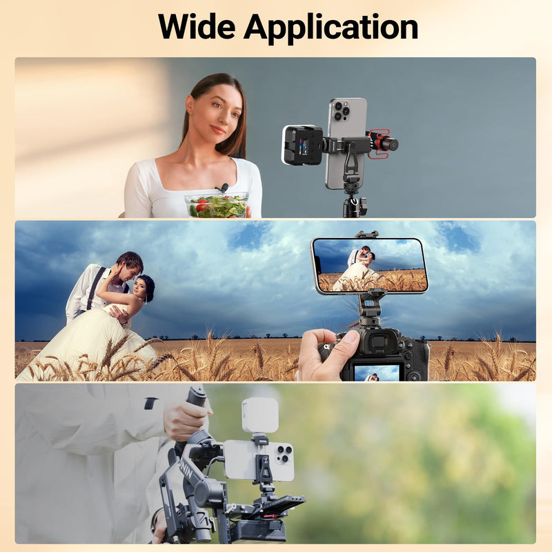 NEEWER GA010 Phone Tripod Mount, 65–90mm Adjustable Phone Clamp Holder with 1/4" Thread, 180° Tilt, 360° Swivel, Cold Shoe Accessories Compatible with iPhone 17 Pro Max Samsung S26 Ultra & More