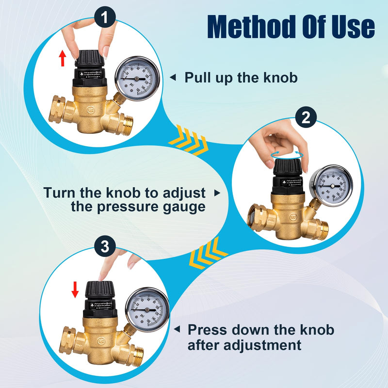 RV Water Pressure Regulator Valve for Camper, Regulate Valves with Strainer, Made of Leadless Brass, RV Water Pressure Regulator with Pressure Gauge