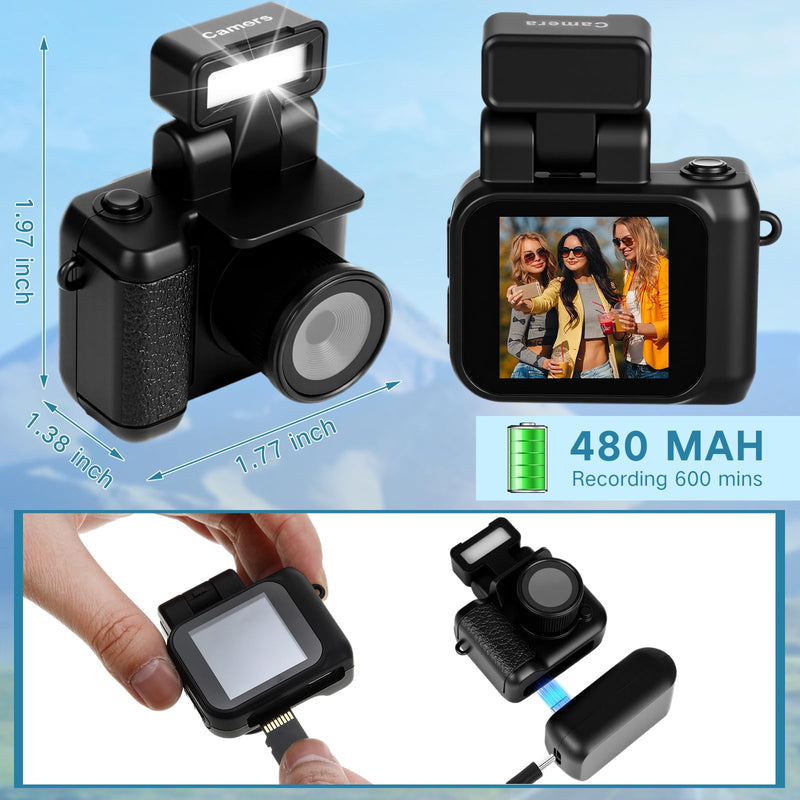 2 Sets Mini Keychain Camera 1080p Small Retro Portable Photo Video Camera 600 Mins Battery Life 16 GB Micro Video Camcorder with Flash Light for Travel Study Recording (Black & White)