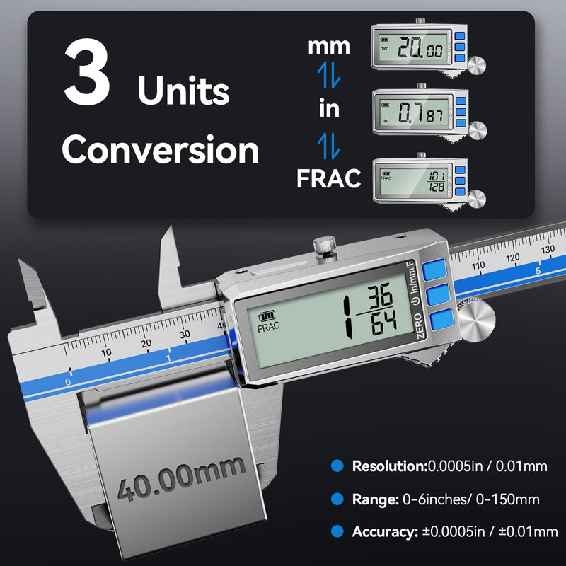 6 Inch Digital Caliper, Type-C Rechargeable Stainless Steel Vernier Caliper, IP54, F/MM/in Conversion, Large LCD, USB Charging Digital Caliper Measuring Caliper for DIY, Woodworking Use (Blue) Blue