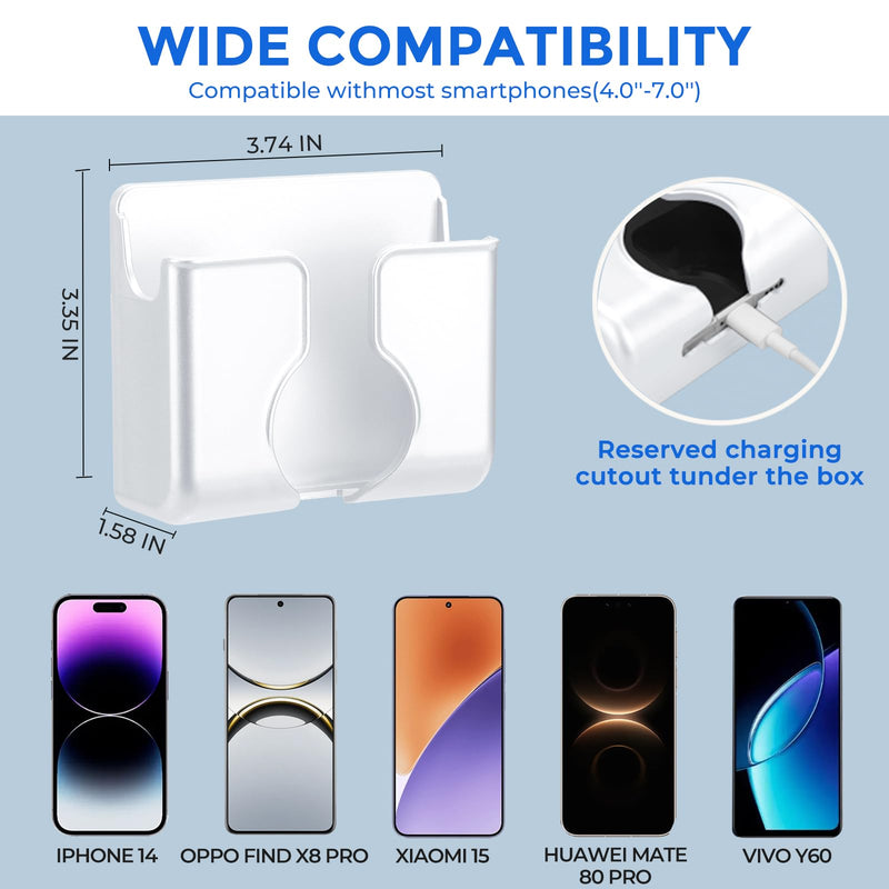 2Pack Wall Phone Holder, Side Groove Phone Holder for Wall | Self Adhesive Wall Mount Phone Holder for Bedside RV Camper Boat Charging, Compatible with iPhone and Android White
