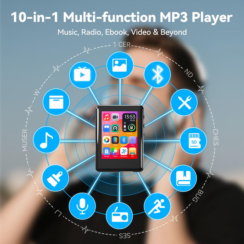 MP3 Player with Bluetooth 5.4, 2.4 inch Touch Screen Music Player with Speaker, FM Radio, Voice Recording, Supports 512GB SD Card and Includes Earphones 16GB