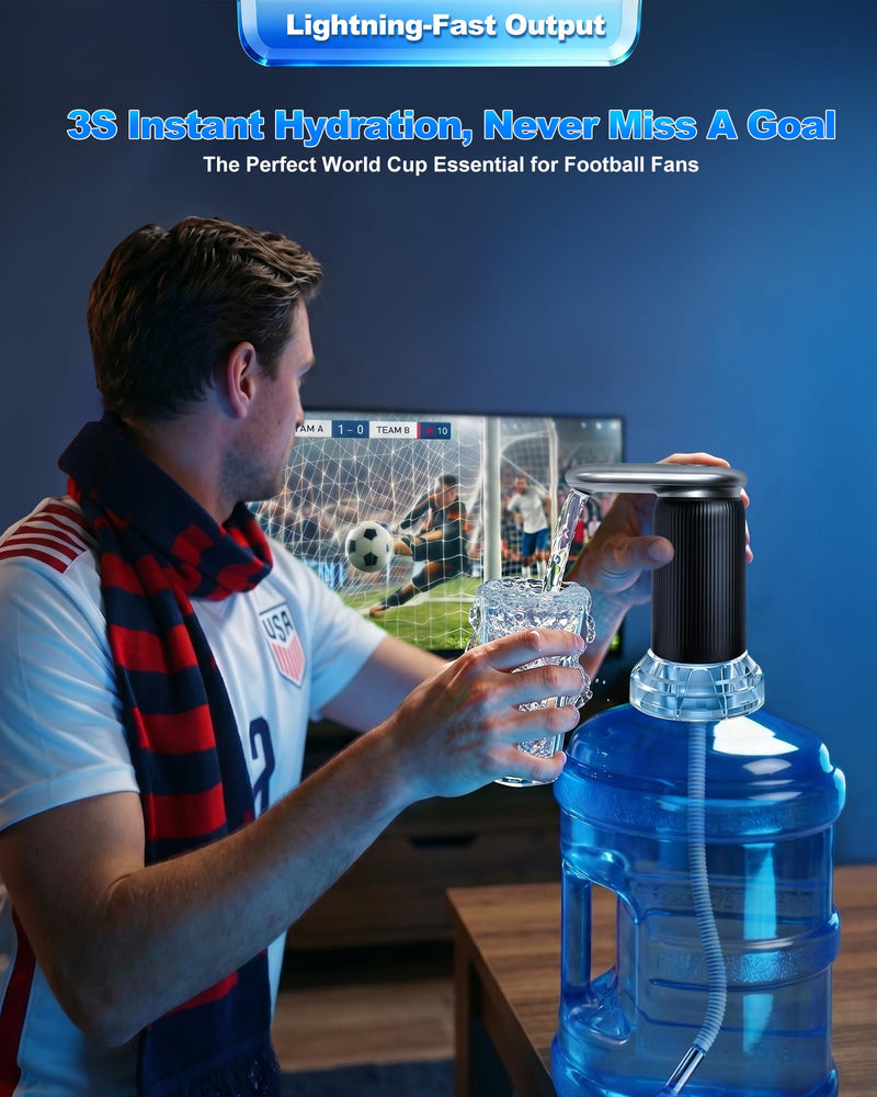 Highest-Output Water Pump for 1/2/3/5 Gallon Bottle,Quiet Water Dispenser | USB-C Rechargeable | Automatic Operation | Portable | Ideal for Camping,Home,Office & World Cup Viewing Parties Silver