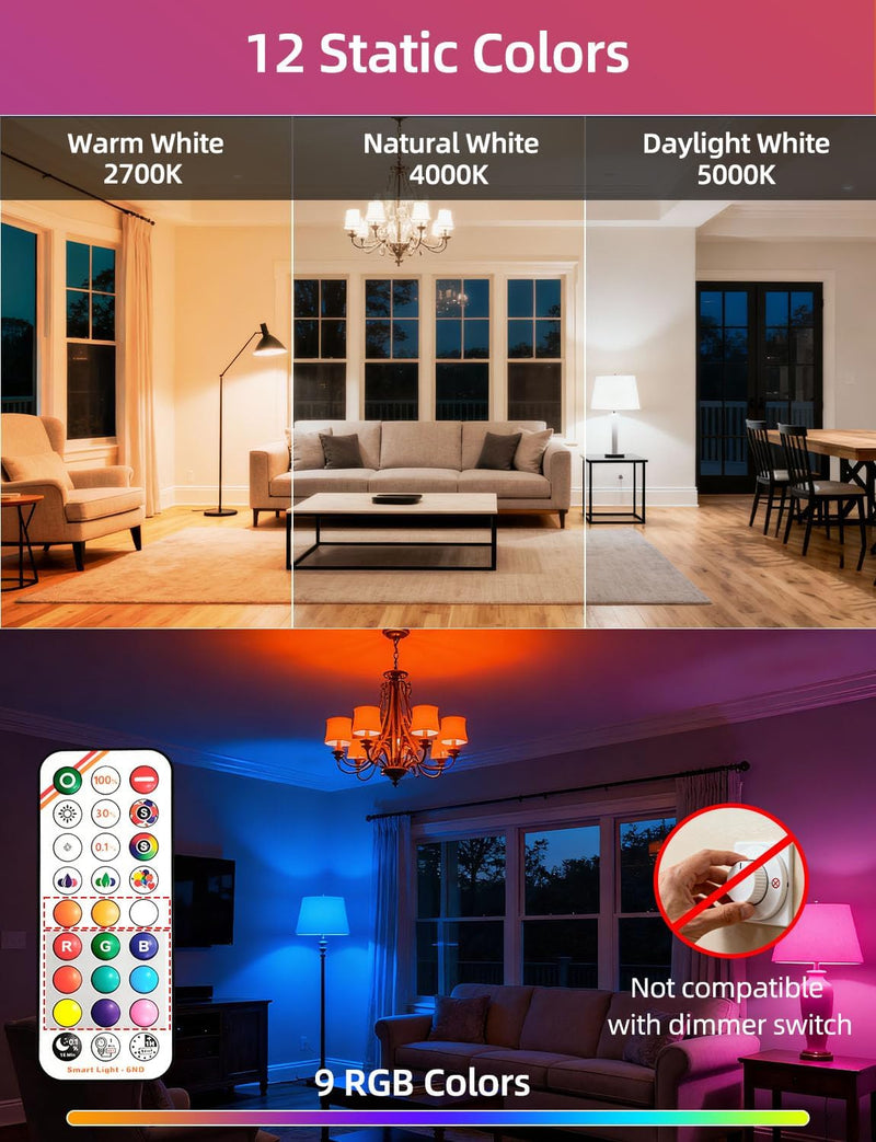 HEKEE Color Changing Light Bulbs E26, 40W Equivalent, 500LM, 3CCT, 9 Colors, 5 Dynamic Color Modes, Sleep Mode, Timer A15, 5W LED with 2 IR Remote Controls(6 Packs) 6 Pack