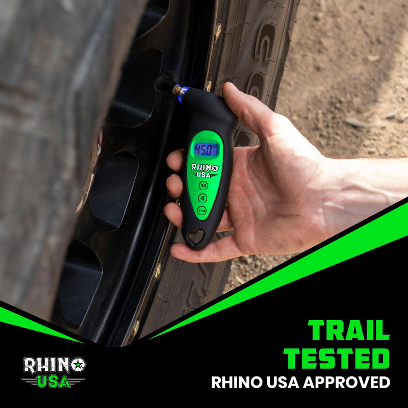 Rhino USA Digital Tire Pressure Gauge 150 PSI, 4 Ranges, Ergonomic Design w/Lighted Nozzle & LCD Backlit Display - Certified Accurate Readings, Best Digital Gage (Green) Green