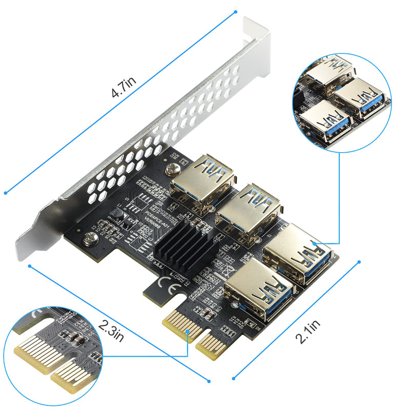 PCI-E 1-4 Riser Card, 16X Slots Riser Card Adapter, USB 3.0 Expansion Card, for DOS/Linux/WinXP/Win7 / Win8 / Win10 (No USB Cable)